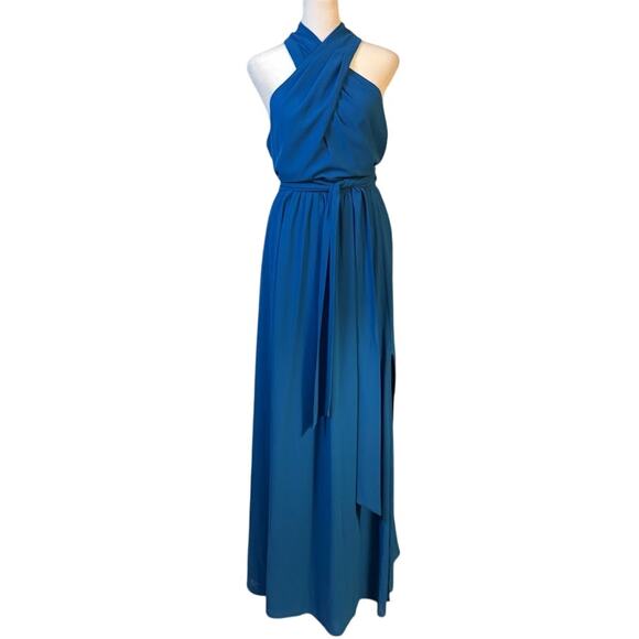 Belle Badgley Mischka Cobalt Criss-Cross halter Neck Evening Gown US Size 8 - Picture 1 of 8